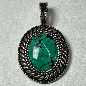 Turquoise Cabochon Sterling Silver Oval Pendant braided silver setting Necklace